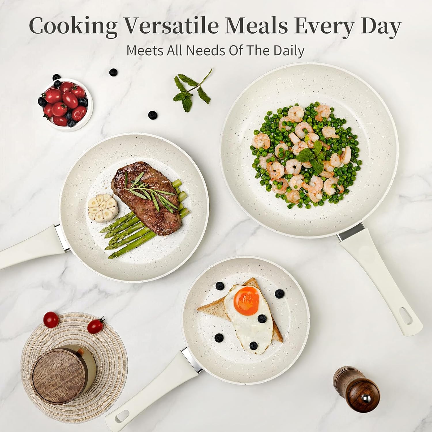 Ceramic Nonstick Frying Pan Set with Lids - White Induction Skillet Cookware Suitable for Eggs, Omelets, Healthy PFOA\u002FPFAS\u002FPTFE-Free, Dishwasher, Base & Ceramic Coating, Easy-Clean Non-Stick Surface