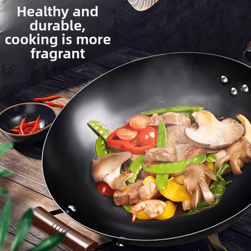 1pc of 12.6-inch traditional cast iron wok with dual handle design, suitable for gas and induction cookers, non stick surface and uniform heat distribution, suitable for Asian and Western dishes, very suitable for kitchen and restaurant use