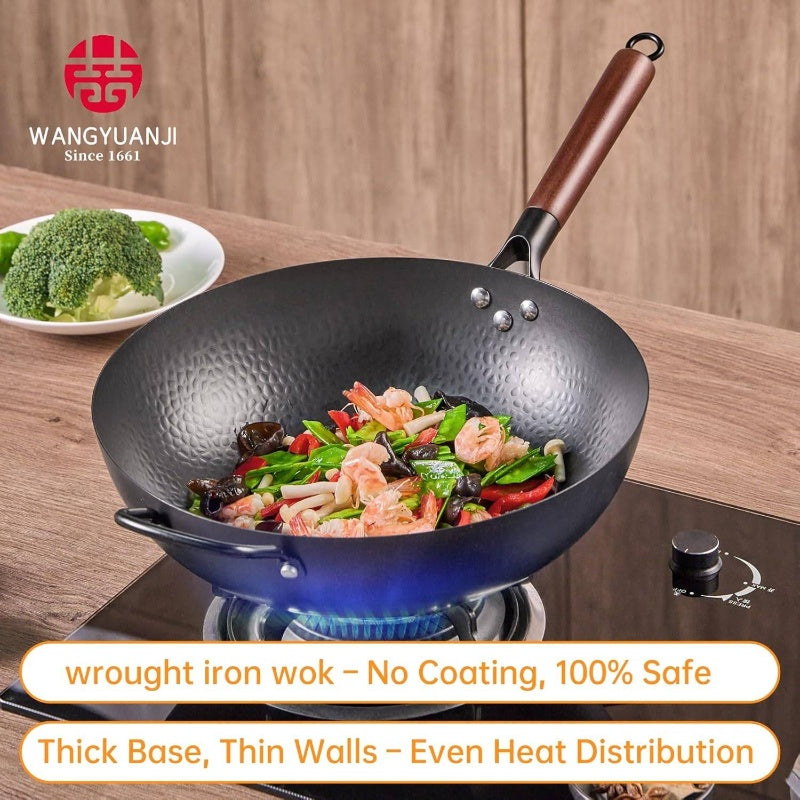 1pc of 12.6-inch traditional cast iron wok with dual handle design, suitable for gas and induction cookers, non stick surface and uniform heat distribution, suitable for Asian and Western dishes, very suitable for kitchen and restaurant use
