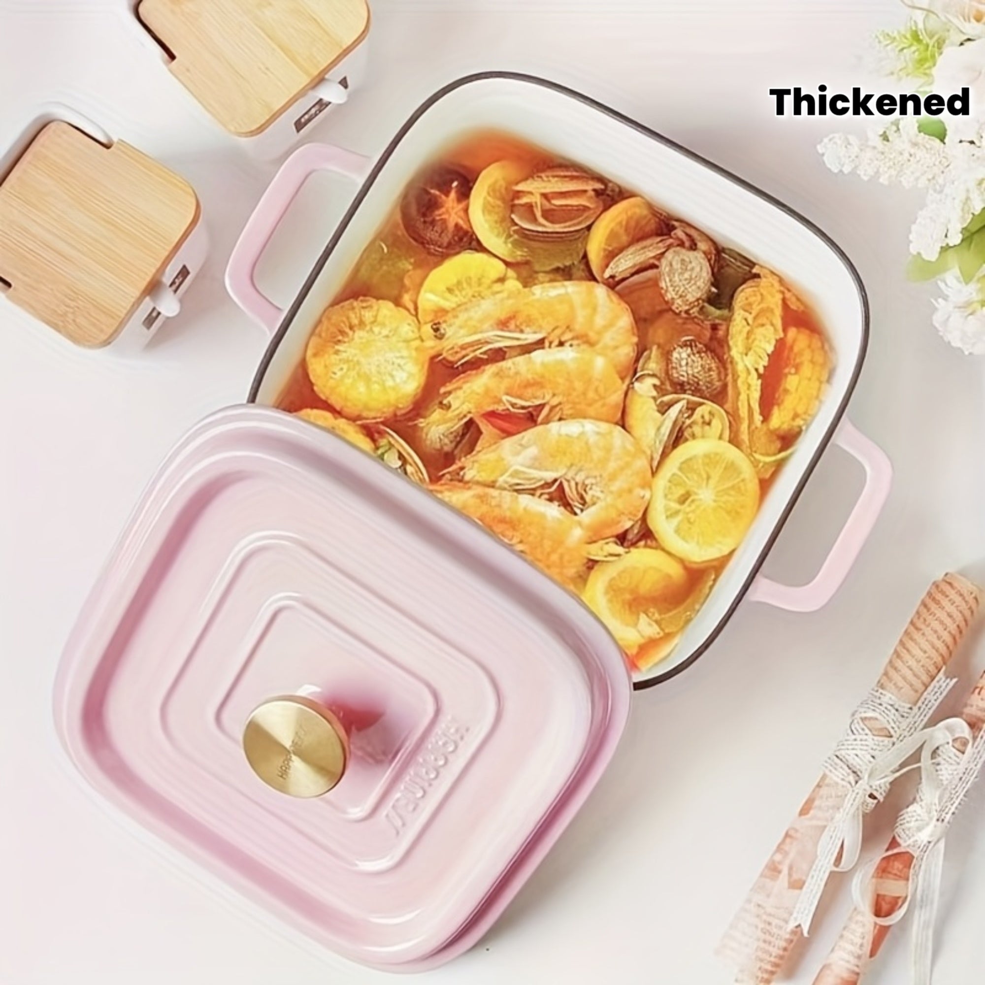 Enameled Cast Iron Soup Pot, Thickened Double-Handled Lidded 24cm Square, Multi-Functional Large Capacity Stew Pot for Home Use