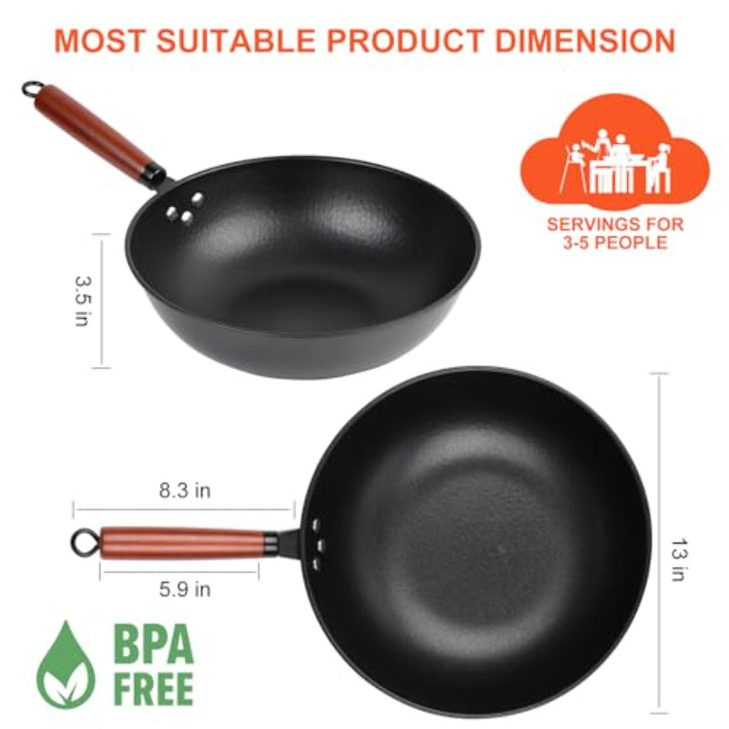 13 Non-Stick Wok - Wok Pan Featuring a Glass Lid, Made of Carbon Steel, Suitable for Stir-Frying: Flat-Bottomed Chinese Woks Compatible with Electric, Induction, And Gas Stoves.