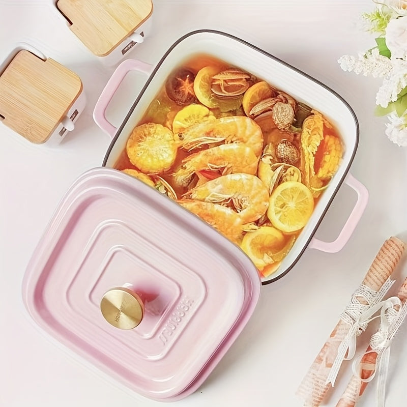 Enameled Cast Iron Soup Pot, Thickened Double-Handled Lidded 24cm Square, Multi-Functional Large Capacity Stew Pot for Home Use