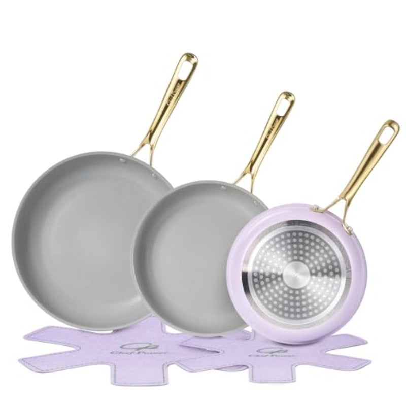 Ceramic Frying Pan with Stainless Steel handle 5Pcs Set Non Stick Grill Pan Set Dishwasher and Oven Safe Light Purple and Granite Grey