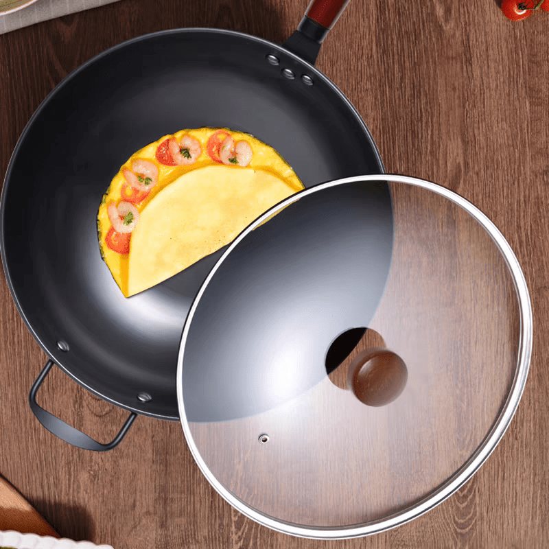 1pc of 12.6-inch traditional cast iron wok with dual handle design, suitable for gas and induction cookers, non stick surface and uniform heat distribution, suitable for Asian and Western dishes, very suitable for kitchen and restaurant use