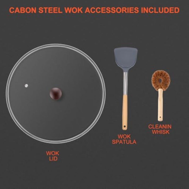 13 Non-Stick Wok - Wok Pan Featuring a Glass Lid, Made of Carbon Steel, Suitable for Stir-Frying: Flat-Bottomed Chinese Woks Compatible with Electric, Induction, And Gas Stoves.