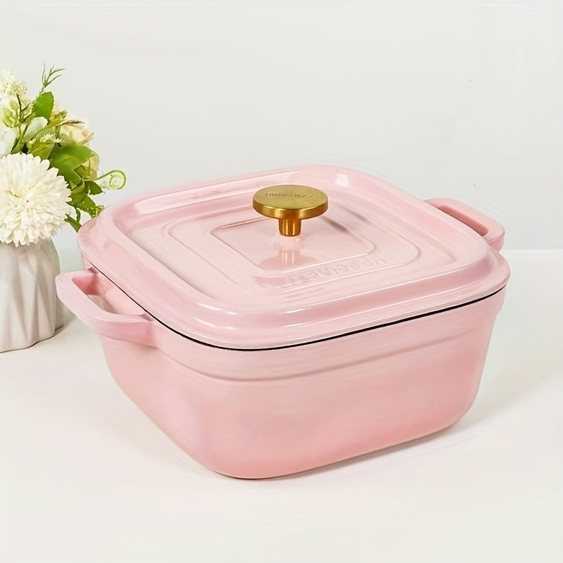 Enameled Cast Iron Soup Pot, Thickened Double-Handled Lidded 24cm Square, Multi-Functional Large Capacity Stew Pot for Home Use