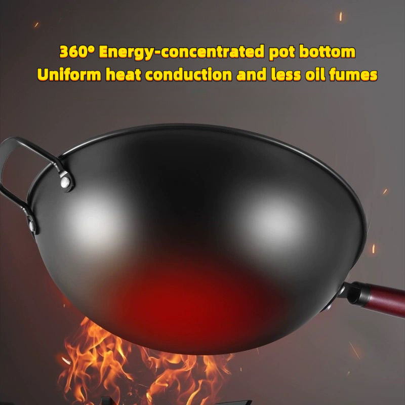 1pc of 12.6-inch traditional cast iron wok with dual handle design, suitable for gas and induction cookers, non stick surface and uniform heat distribution, suitable for Asian and Western dishes, very suitable for kitchen and restaurant use