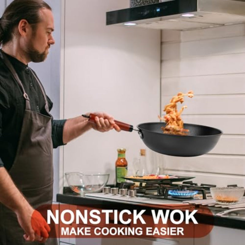 13 Non-Stick Wok - Wok Pan Featuring a Glass Lid, Made of Carbon Steel, Suitable for Stir-Frying: Flat-Bottomed Chinese Woks Compatible with Electric, Induction, And Gas Stoves.