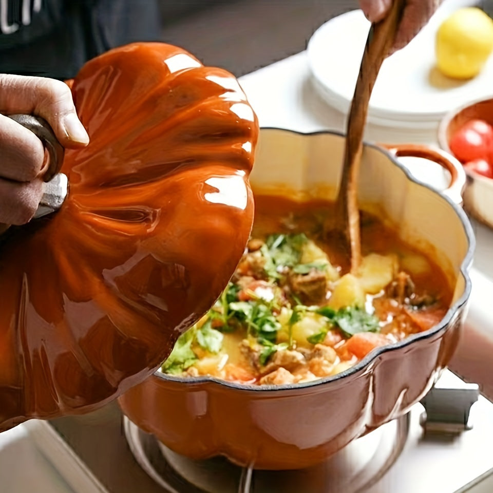 Pumpkin-Shaped Enamel Braiser - Multifunctional, Induction Compatible, Heavy-Duty Soup & Stew Pan for Home Kitchens, Perfect for Cooking, Serving and Storing - Easy to Clean, Durable, and Versatile Cooking Essential