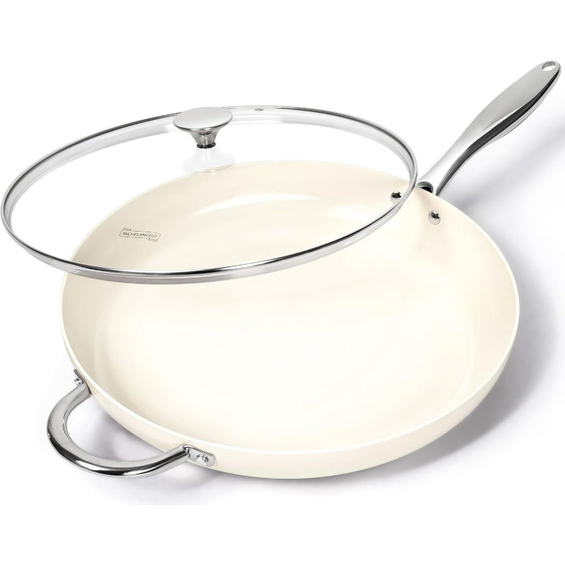 Large Frying Pan with Lid 14 Inch Ceramic Skillet with Nonstick Coating Healthy Non Stick Fry Pan Induction Compatible White,  Modern Cookware, Stylish Skillet, Durable Ceramic, Nonstick Cookware, Healthconscious Buyers