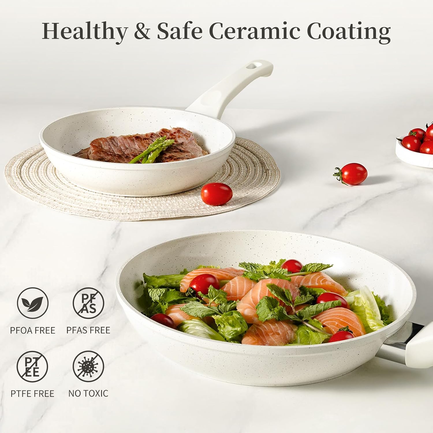 Ceramic Nonstick Frying Pan Set with Lids - White Induction Skillet Cookware Suitable for Eggs, Omelets, Healthy PFOA\u002FPFAS\u002FPTFE-Free, Dishwasher, Base & Ceramic Coating, Easy-Clean Non-Stick Surface