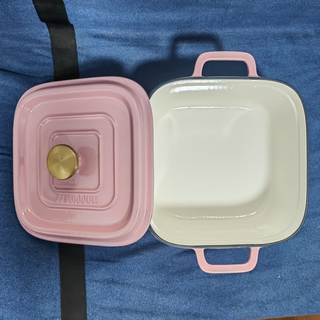 Enameled Cast Iron Soup Pot, Thickened Double-Handled Lidded 24cm Square, Multi-Functional Large Capacity Stew Pot for Home Use