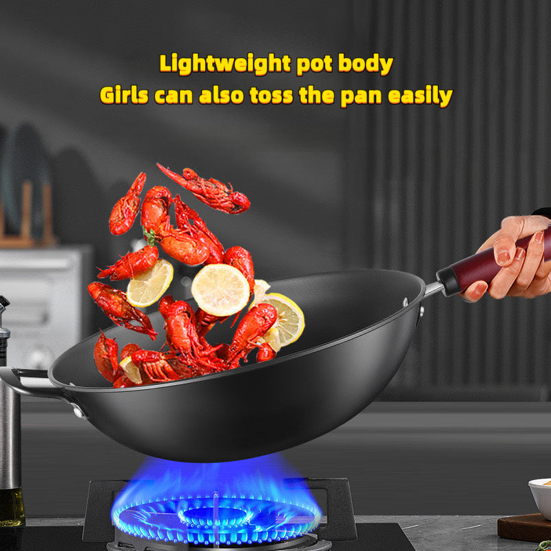 1pc of 12.6-inch traditional cast iron wok with dual handle design, suitable for gas and induction cookers, non stick surface and uniform heat distribution, suitable for Asian and Western dishes, very suitable for kitchen and restaurant use