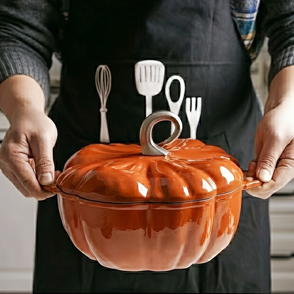 Pumpkin-Shaped Enamel Braiser - Multifunctional, Induction Compatible, Heavy-Duty Soup & Stew Pan for Home Kitchens, Perfect for Cooking, Serving and Storing - Easy to Clean, Durable, and Versatile Cooking Essential