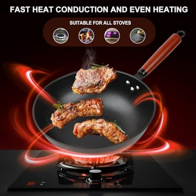 13 Non-Stick Wok - Wok Pan Featuring a Glass Lid, Made of Carbon Steel, Suitable for Stir-Frying: Flat-Bottomed Chinese Woks Compatible with Electric, Induction, And Gas Stoves.