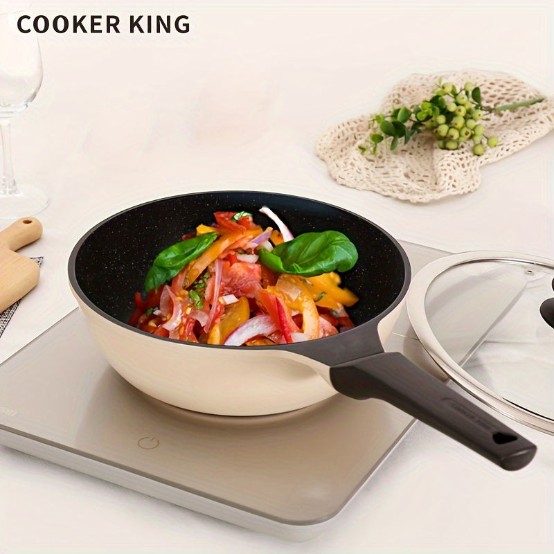 PFOA-Free Induction Wok COOKER KING 9.45-inch Non-Stick Frying Pan, 1pc Wok Pan with Glass Lid, PFOA-Free, Heat-Resistant Handle, Induction Compatible, Works on All Cooktops, Kitchen Accessory, Christmas Gift