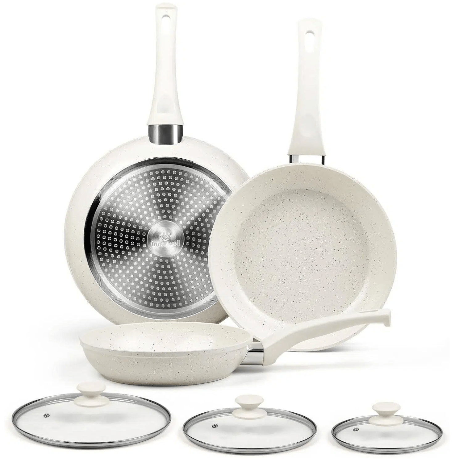 Ceramic Nonstick Frying Pan Set with Lids - White Induction Skillet Cookware Suitable for Eggs, Omelets, Healthy PFOA\u002FPFAS\u002FPTFE-Free, Dishwasher, Base & Ceramic Coating, Easy-Clean Non-Stick Surface