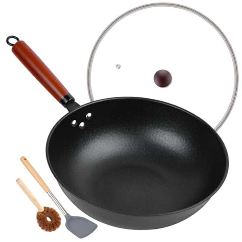 13 Non-Stick Wok - Wok Pan Featuring a Glass Lid, Made of Carbon Steel, Suitable for Stir-Frying: Flat-Bottomed Chinese Woks Compatible with Electric, Induction, And Gas Stoves.