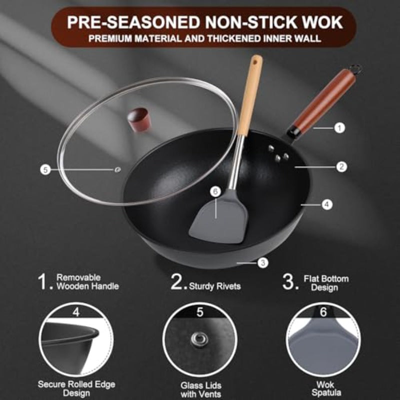 13 Non-Stick Wok - Wok Pan Featuring a Glass Lid, Made of Carbon Steel, Suitable for Stir-Frying: Flat-Bottomed Chinese Woks Compatible with Electric, Induction, And Gas Stoves.