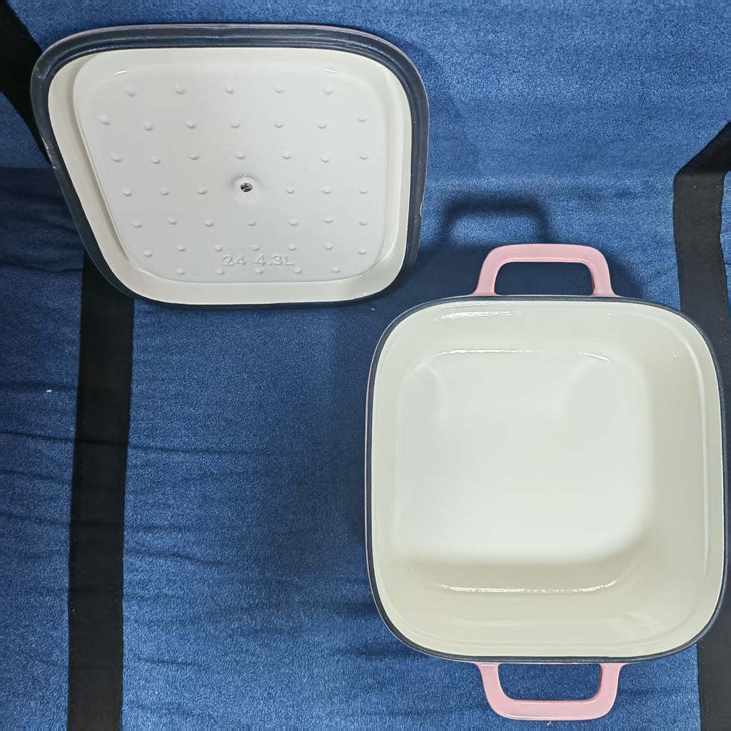 Enameled Cast Iron Soup Pot, Thickened Double-Handled Lidded 24cm Square, Multi-Functional Large Capacity Stew Pot for Home Use