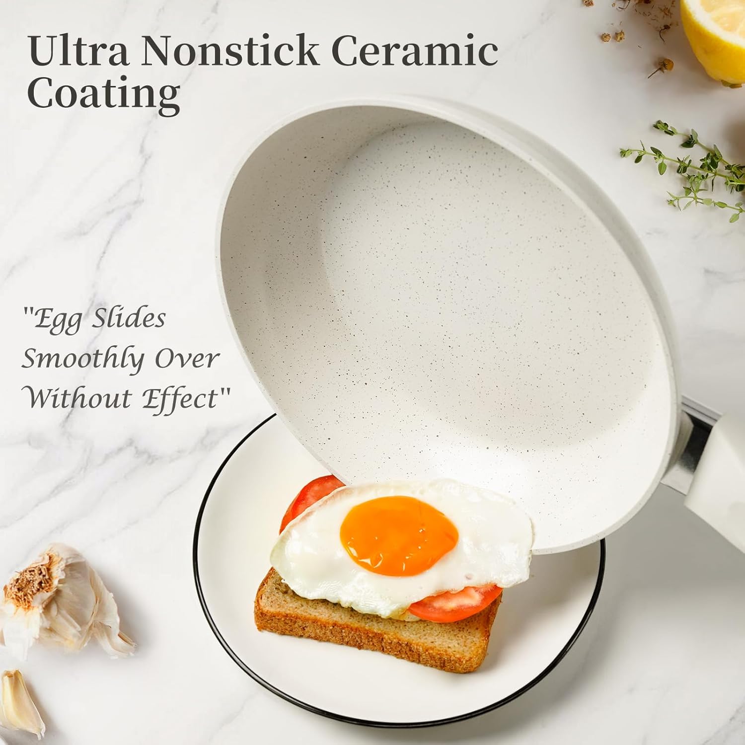 Ceramic Nonstick Frying Pan Set with Lids - White Induction Skillet Cookware Suitable for Eggs, Omelets, Healthy PFOA\u002FPFAS\u002FPTFE-Free, Dishwasher, Base & Ceramic Coating, Easy-Clean Non-Stick Surface