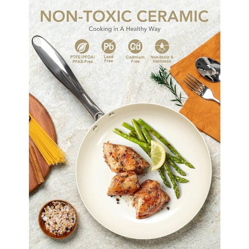 Large Frying Pan with Lid 14 Inch Ceramic Skillet with Nonstick Coating Healthy Non Stick Fry Pan Induction Compatible White,  Modern Cookware, Stylish Skillet, Durable Ceramic, Nonstick Cookware, Healthconscious Buyers