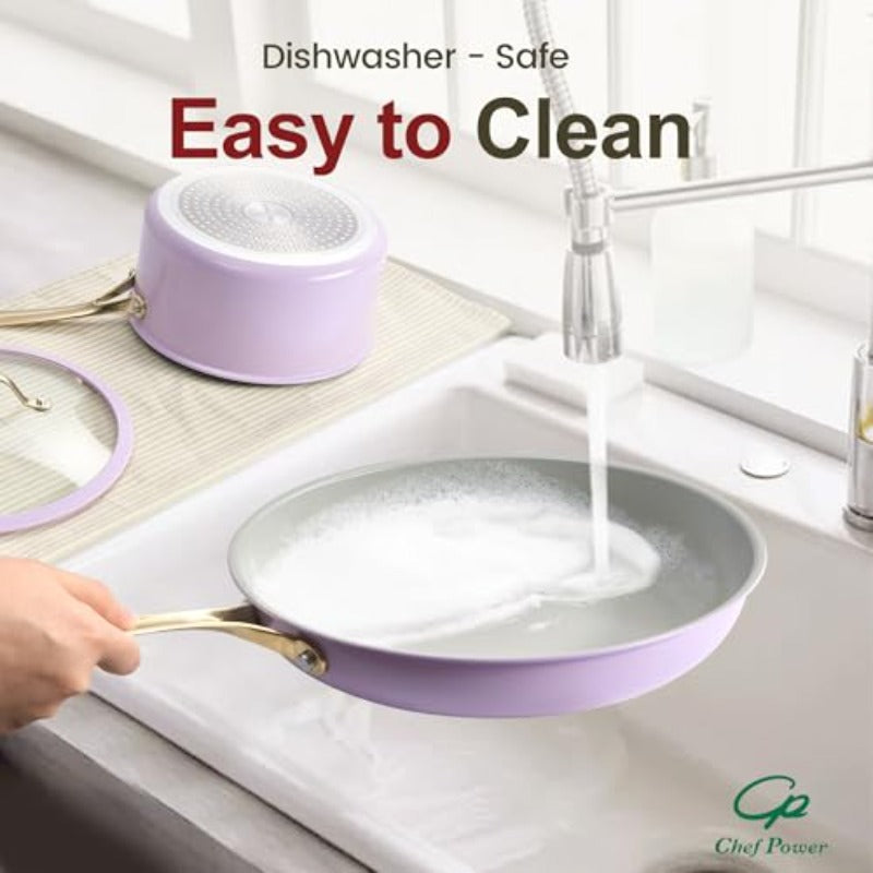 Ceramic Frying Pan with Stainless Steel handle 5Pcs Set Non Stick Grill Pan Set Dishwasher and Oven Safe Light Purple and Granite Grey