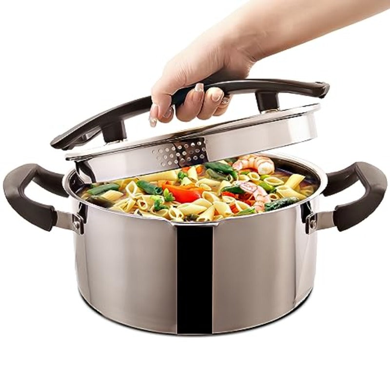 Cyrder 3 Quart Stainless Steel Pasta Pot & Stock Pot with Strainer Lid - Induction Compatible Cookware, Triple-Layer Base (-Filled), Dishwasher Safe, Two Spouts & Capsule Bottom - Multipurpose for Pasta, Soup, Vegetables - Heavy