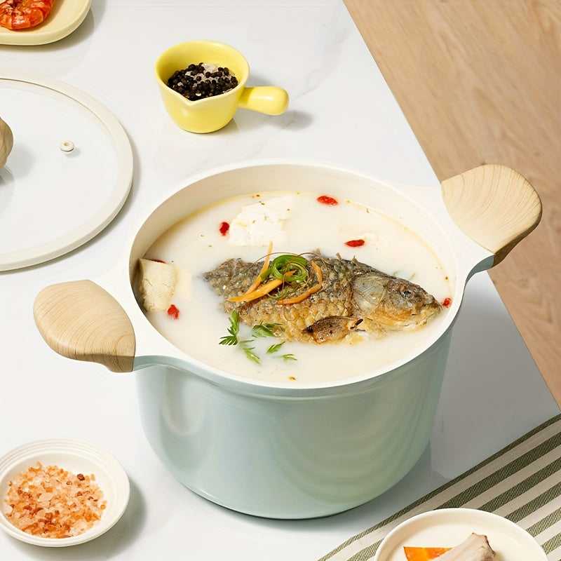 COOKER KING 1pc 1.19gal Stockpot with Lid, Featuring a Titanium-Infused Ceramic Nonstick Coating, Suitable for Soups And Various Cooking Needs, Equipped with a Glass Lid And Cool-Touch Handles, Free from PFOA And PTFE, Induction Compatible