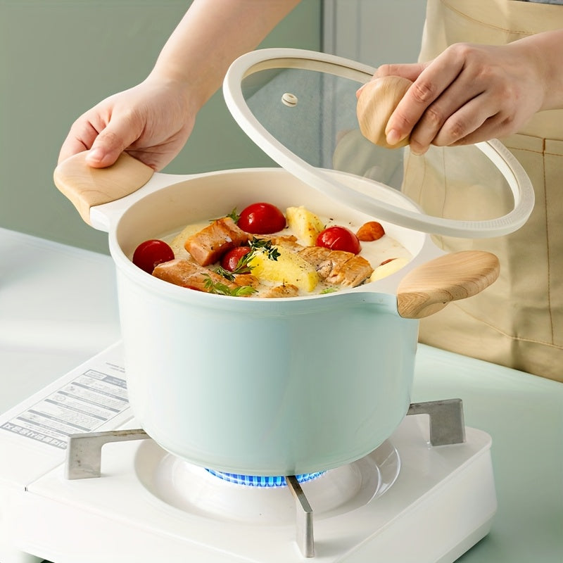 COOKER KING 1pc 1.19gal Stockpot with Lid, Featuring a Titanium-Infused Ceramic Nonstick Coating, Suitable for Soups And Various Cooking Needs, Equipped with a Glass Lid And Cool-Touch Handles, Free from PFOA And PTFE, Induction Compatible