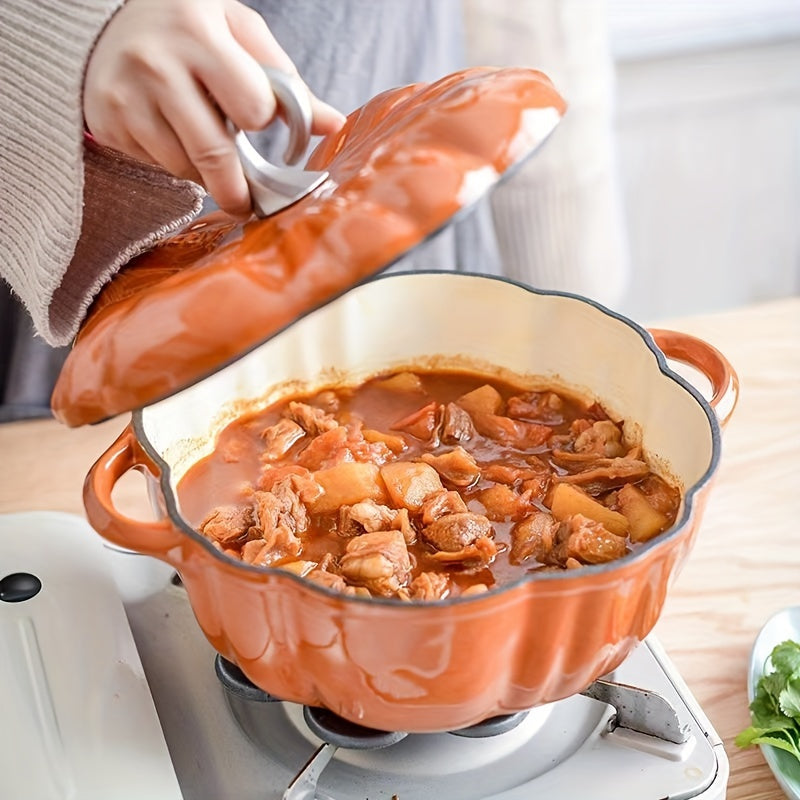 Pumpkin-Shaped Enamel Braiser - Multifunctional, Induction Compatible, Heavy-Duty Soup & Stew Pan for Home Kitchens, Perfect for Cooking, Serving and Storing - Easy to Clean, Durable, and Versatile Cooking Essential