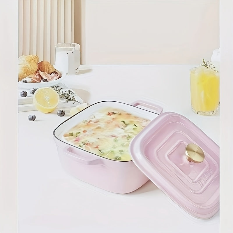 Enameled Cast Iron Soup Pot, Thickened Double-Handled Lidded 24cm Square, Multi-Functional Large Capacity Stew Pot for Home Use