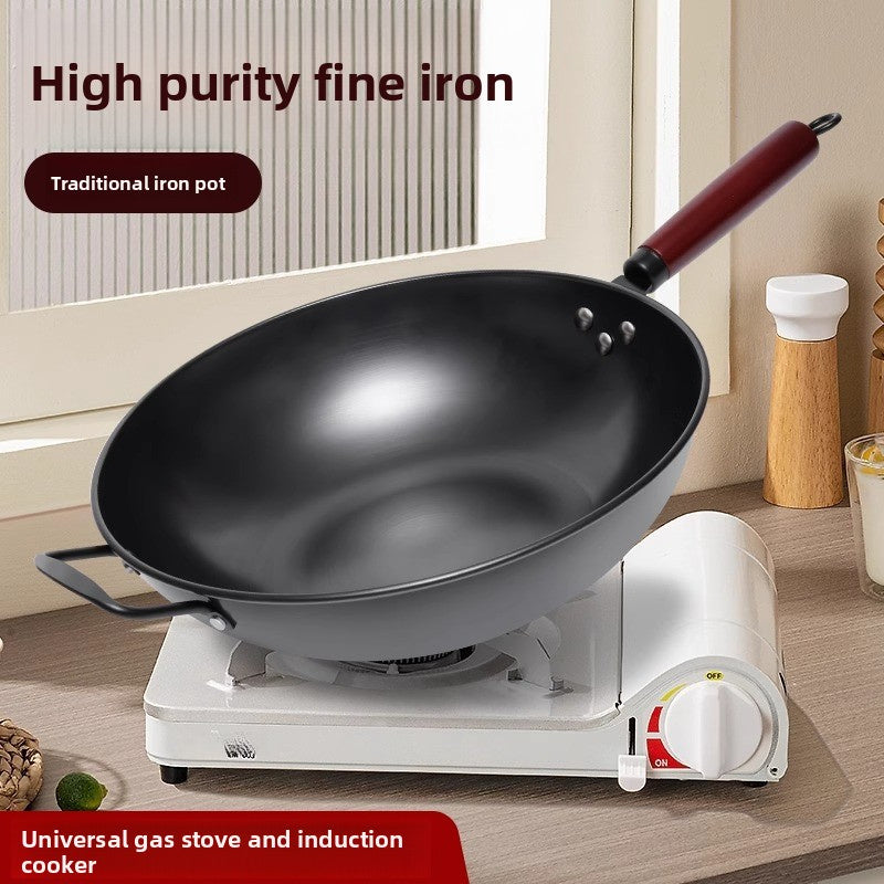 1pc of 12.6-inch traditional cast iron wok with dual handle design, suitable for gas and induction cookers, non stick surface and uniform heat distribution, suitable for Asian and Western dishes, very suitable for kitchen and restaurant use