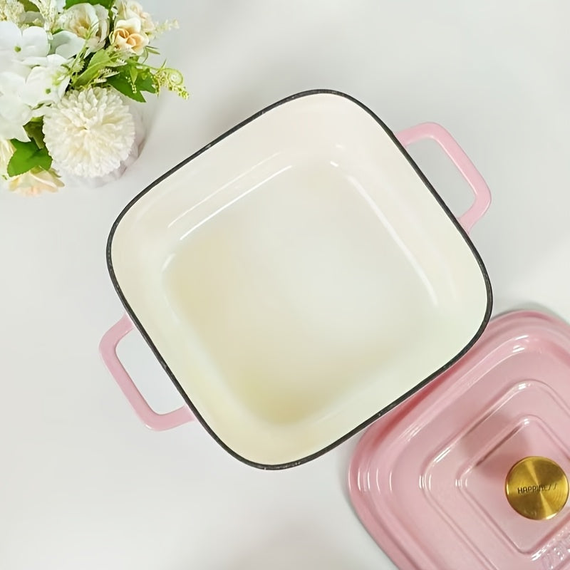 Enameled Cast Iron Soup Pot, Thickened Double-Handled Lidded 24cm Square, Multi-Functional Large Capacity Stew Pot for Home Use