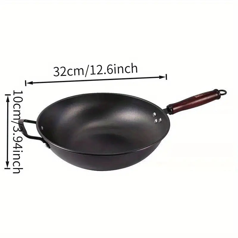 1pc of 12.6-inch traditional cast iron wok with dual handle design, suitable for gas and induction cookers, non stick surface and uniform heat distribution, suitable for Asian and Western dishes, very suitable for kitchen and restaurant use