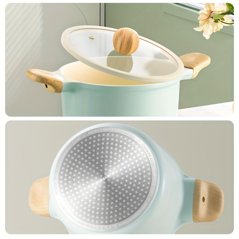 COOKER KING 1pc 1.19gal Stockpot with Lid, Featuring a Titanium-Infused Ceramic Nonstick Coating, Suitable for Soups And Various Cooking Needs, Equipped with a Glass Lid And Cool-Touch Handles, Free from PFOA And PTFE, Induction Compatible