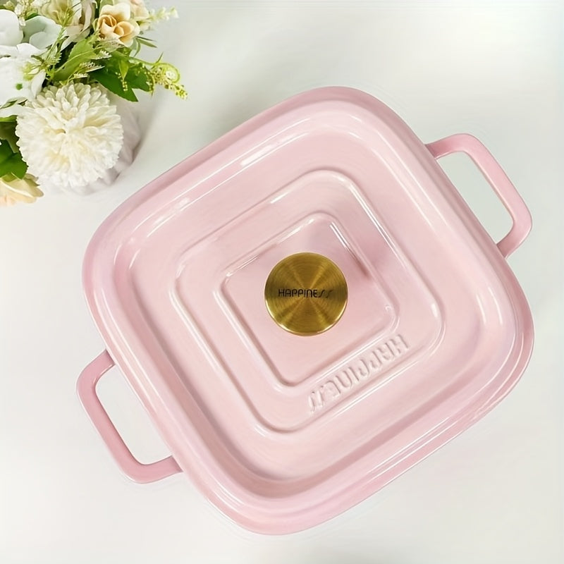 Enameled Cast Iron Soup Pot, Thickened Double-Handled Lidded 24cm Square, Multi-Functional Large Capacity Stew Pot for Home Use