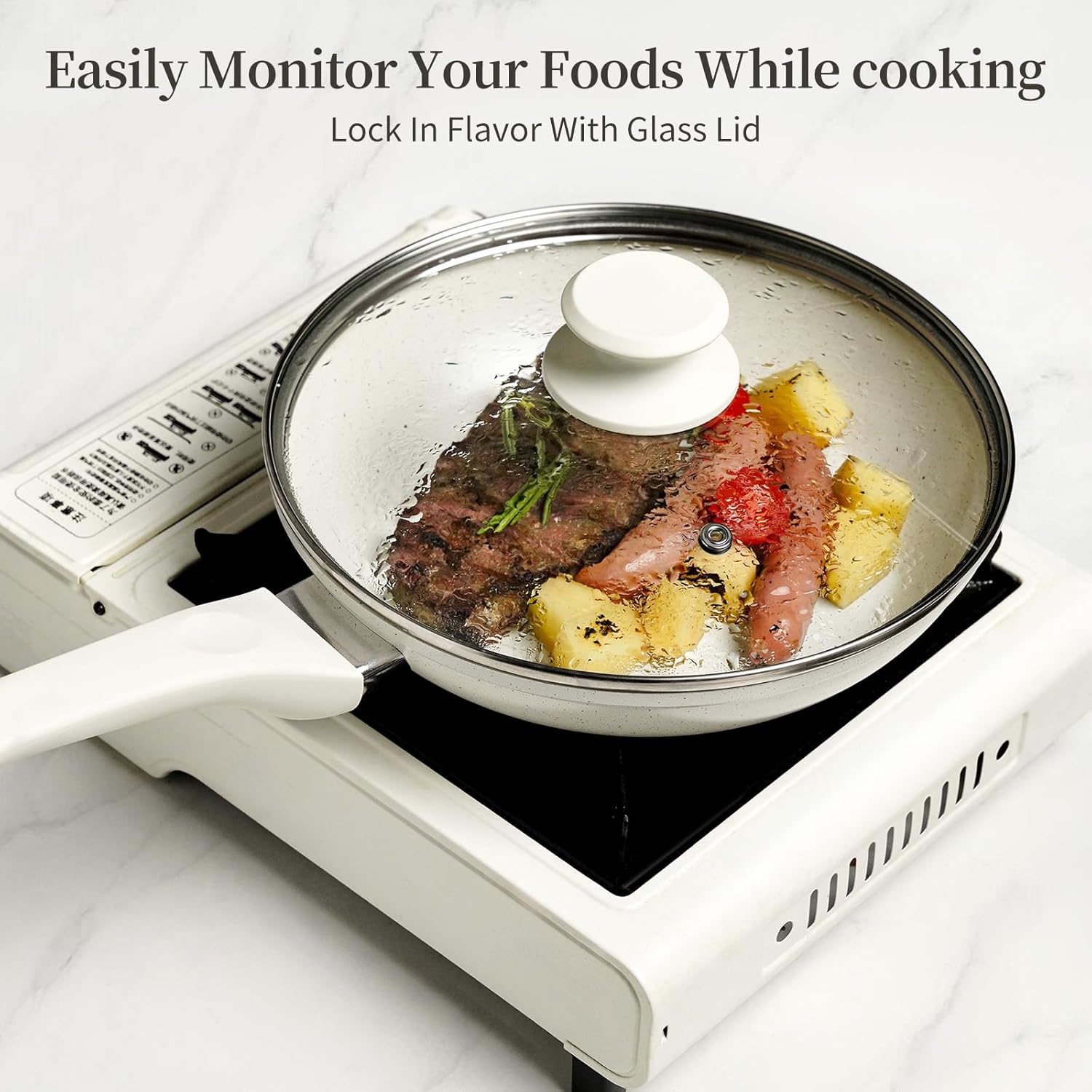 Ceramic Nonstick Frying Pan Set with Lids - White Induction Skillet Cookware Suitable for Eggs, Omelets, Healthy PFOA\u002FPFAS\u002FPTFE-Free, Dishwasher, Base & Ceramic Coating, Easy-Clean Non-Stick Surface