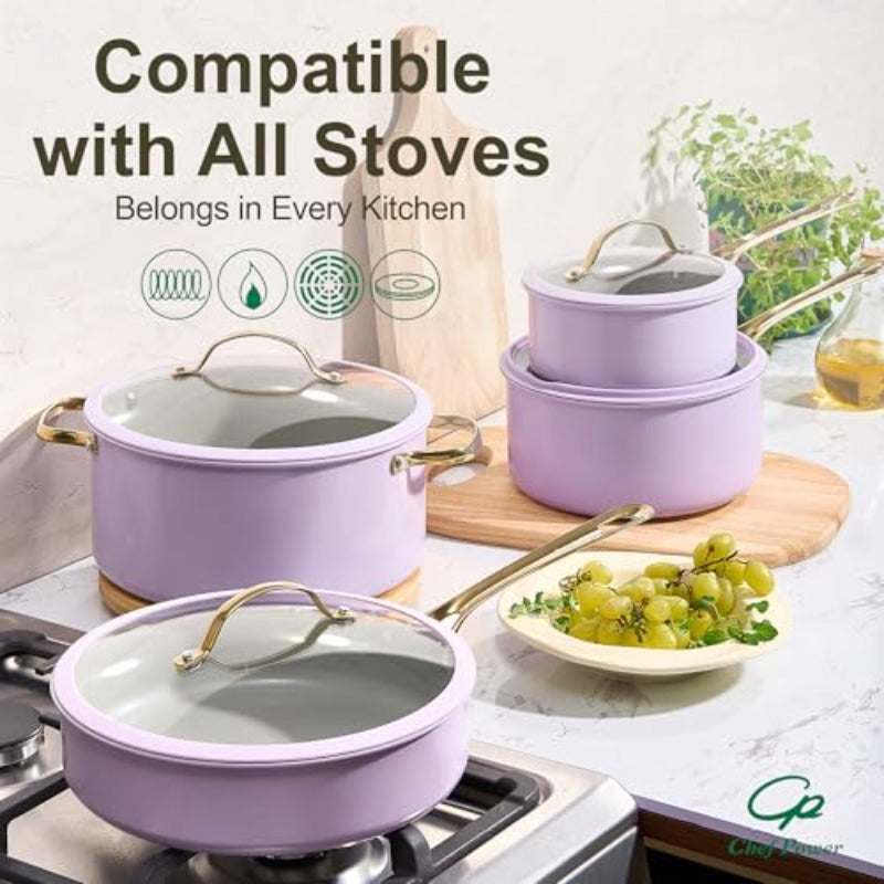 Ceramic Frying Pan with Stainless Steel handle 5Pcs Set Non Stick Grill Pan Set Dishwasher and Oven Safe Light Purple and Granite Grey