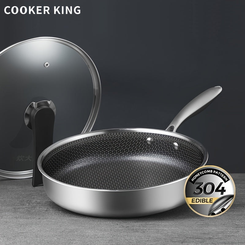 COOKER KING 1pc of Non-Stick 304 Stainless Steel Frying Pan, Rust-Resistant, And of Premium Quality. Honeycomb Non-Stick Frying Pan with a Lid That Can Stand And a Cool-Touch Stainless Steel Handle