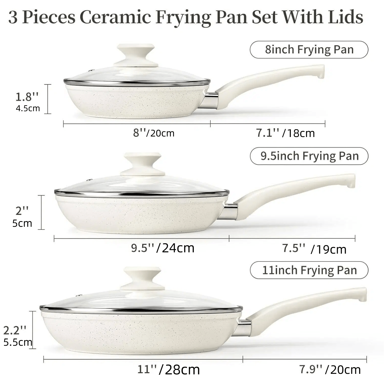 Ceramic Nonstick Frying Pan Set with Lids - White Induction Skillet Cookware Suitable for Eggs, Omelets, Healthy PFOA\u002FPFAS\u002FPTFE-Free, Dishwasher, Base & Ceramic Coating, Easy-Clean Non-Stick Surface