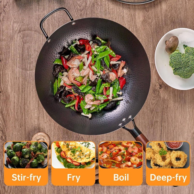 1pc of 12.6-inch traditional cast iron wok with dual handle design, suitable for gas and induction cookers, non stick surface and uniform heat distribution, suitable for Asian and Western dishes, very suitable for kitchen and restaurant use